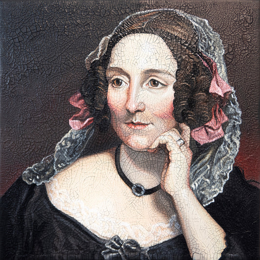 Historical portrait of a woman with a bonnet and a lace veil painted on a textured surface.