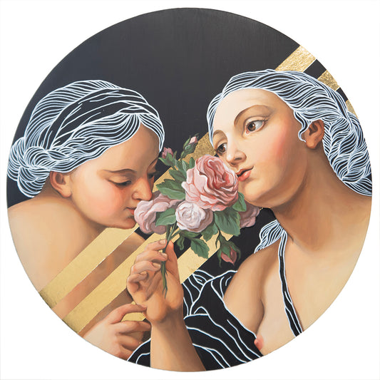 Portrait of two women smelling a bouquet of roses with black and gold background